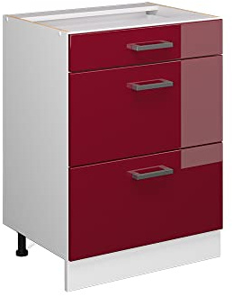 Vicco Küchenunterschrank R-Line, Rot Hochglanz, 60 cm mit Schubladen, ohne Arbeitsplatte, zur freien Kombination innerhalb modularer Küchensysteme