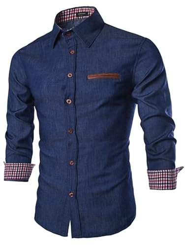 COOFANDY Men's Shirts Long Sleeve Denim Casual Work Shirt Button Down Dress Shirt Slim Fit Cotton Cowboy Shirts with Plaid Collar Navy Blue M