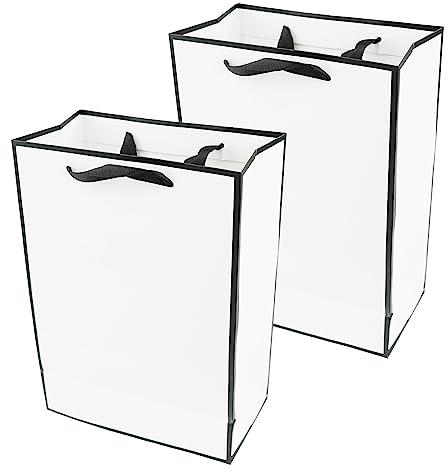 PACK4YA Papier-Geschenktüten mit Schleifenband, Geschenktüte mit Henkel für Geburtstag, Hochzeit, Weihnachtsfeier, Einkaufen, Babyparty 20x10x28 cm (Weiß, schwarzer Rahmen, 2 Stück)