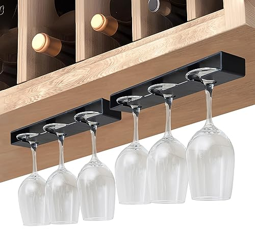 Vaisoeny Wine Glass Holder, 2 Pack, No Drilling Required, Hanging Stemware Rack Organizer for Bar Cabinet Kitchen, Black