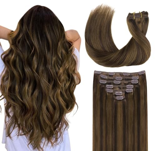 GOO GOO Clip in Human Hair Extensions, Hair Extensions Clip in, 20inch 120g 7pcs, 2C/4E/6C Brown Sugar