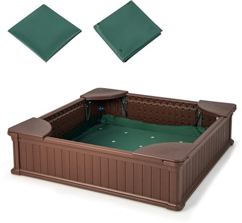 DREAMADE Bac à Sable pour Enfants avec Couverture, Bâche de Sol et Sièges - pour Le Jardin Outdoor (Carré)