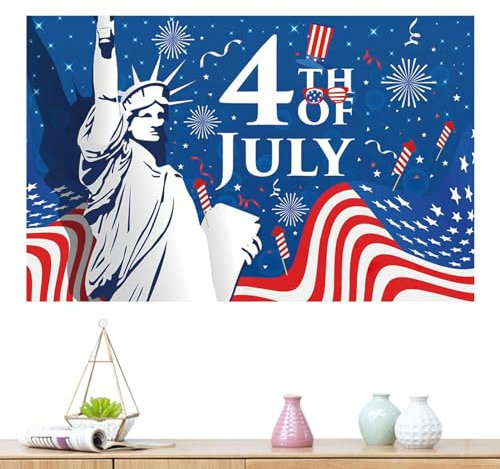 Bannière de porte de garage pour le jour de l'indépendance patriotique - Décoration de porte de garage - Toile de fond pour cabine photo du 4 juillet, 115,27 x 180,8 cm, statue de la liberté, étoiles