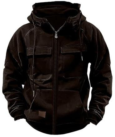 Jamicy Übergangsjacke Herren Sweatjacke Vintage Kapuzenjacke Freizeitjacke Casual Outdoorjacke mit Kapuze Tasche Reißverschluss Male Softshelljacke Angebote Braun XL