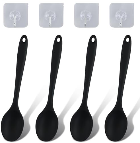 Set di 4 cucchiai in silicone con 4 piccolo gancio, cucchiaio antiaderente, cucchiaio da cucina con manico lungo, cucchiaio per cucinare, mescolare, mescolare, cuocere al forno (nero)