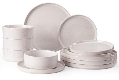Richmount Nebula Set de vaisselle 4 personnes, Set de 12 assiettes et le set de saladiers, Service de table, Passe au micro-ondes & au lave-vaisselle, Taches blanches crème