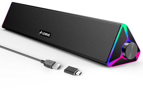 LENRUE Computer Speakers for Desktop,PC Speakers with Single USB for Power and Stereo Sound,Touch Lights Gaming Speakers Sound bar for Desktop PC Laptop(USB-C Adapter Included)