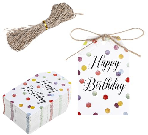 100 Pcs Happy Birthday Stickers Gift Tags for Presents 8.5 x 5.5 CM Bag Tags for Gifts with String Personalized Gift Stickers Colorful Dot Birthday Paper for Invitations Wish Cards