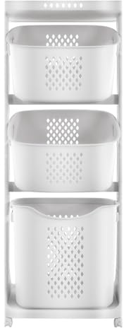 TONFEION Wäschekorb 3 Fächer, Wäsche Sortiersystem, Weiß Wäschekorb mit Pollen, 109cm Mehrstöckig Wäschesammler, 5kg Belastbar pro Fach, Wäschewagen für Bad/Waschraum