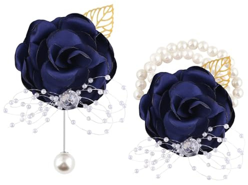 2PCS Corsage for Wedding and Prom Rose Wrist Corsage with Pearl Wrist Band, Ribbon Flower Wrist Corsages and Boutonnière Set for Men, Women, Girls, Bridal, Hand Flower Silk Rose Set, Navy Blue