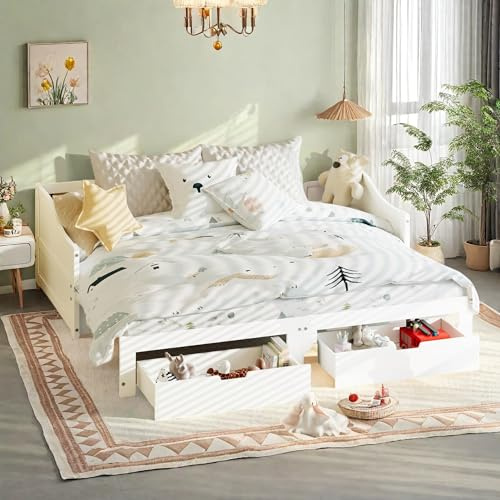 Sofá cama extensible de 90/180 x 200 cm, cama de día con 2 cajones, diván extensible a la cama doble, cama nido con somier, cama multifunción, cama de día, cama de invitados, blanco (blanco, 90/180 x