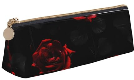 KLJnmbb Red and Black Roses Print Elegant Pencil Case Large Capacity Triangle Pouch with Zipper for Writing Tools