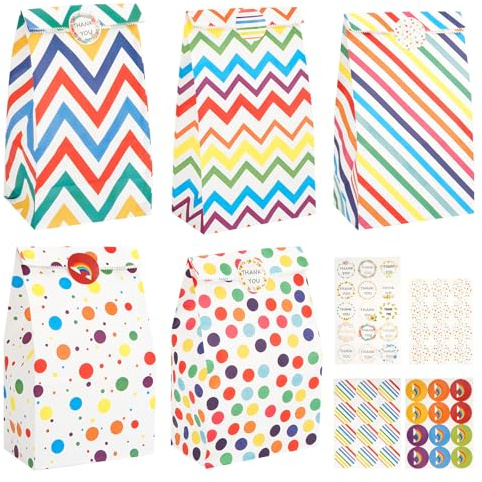 20 Pezzi Sacchetti Regalo di Carta, Sacchettini Compleanno Bambini a Colorati con 51 Adesivi, Bustine Regalini Fine Festa Bambini, Buste Regalo Kraft, per Feste, Matrimoni, Natale