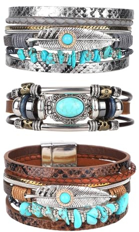 Mikovivi 3 Stück Türkis Western Armbänder, Boho Manschette Armreif Leder Armband Bohemian Country Schmuck für Damen Mode Geschenke