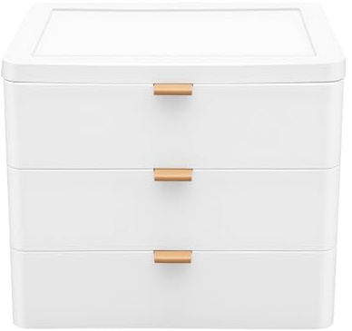 Premium Ablagebox mit 3 Schubladen, 26 x 20 x 22 cm Weißes Stapelbare Schubladenbox Schubladenbox A5 aus Kunststoff für Büro, Schminke & Office, Aufbewahrungsbox Klein