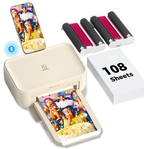 iDPRT Photo Printer, Mini Photo Printer with 108 Sheets & 2 Ink Cassettes Included, Support Wi-Fi Connection Phone Photo Printer, AR Video Picture Printer, 4PASS Dye Sublimation Printer, Beige