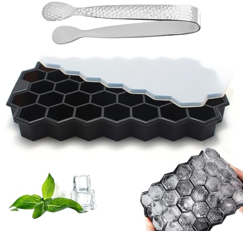 YIPFEN 1-pack Stampo Ghiaccio in Silicone a Nido d'Ape Impilabile con Coperchio, per Cubetti di Ghiaccio per Bevande, Whisky e Cocktail Inclusa Pinza per Ghiaccio Argento (Nero)