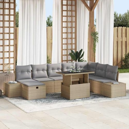mzdioop Garden Sofa Set 11 Pieces Beige Poly Rattan with Table, Stool and Cushion, Weatherproof Lounge Furniture Set for Patio, Balcony, Outdoor, Modular Polyrattan Cover for Relaxed Seating Group