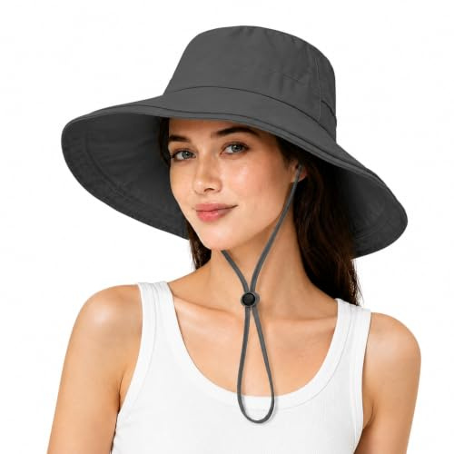 GEEKPC Womens UPF50+ Wide Brim Bucket Sun Hat - Packable Foldable Waterproof Quick-Drying Breathable Black Rain Cap with Adjustable Chin Strap and Shapeable Wire for Full Coverage Outdoor Travel