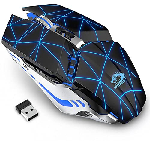 TENMOS T12 Wireless Gaming Mouse Rechargeable, 2.4G Silent Optical Wireless Computer Mice with Changeable LED Light for Laptop PC, 7 Buttons, 3 Adjustable DPI (Starry Black)