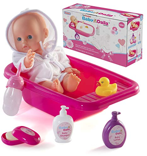Prextex 8 Stück Puppe Bad Set mit Puppe, Badewanne, Bademantel und Badezubehör - Baby Dalia Puppe Baden-Geschenk-Set für Jungen und Mädchen