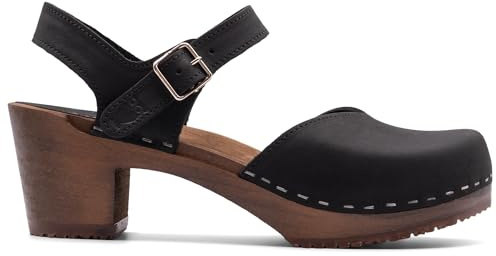 Sandgrens Handmade Swedish Wood Clogs for Women, High Heel Sandal US 5 | Victoria Black Nubuck DK, EU 36