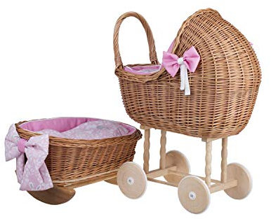 e-wicker24 Alles aus Weide Puppenwagen und Puppenwiege mit Bettwäsche perfekte Geschenkidee Korbpuppenwagen schöner Spielzeug aus Korbgeflecht Korbwiege für Puppen Spielzeug für Mädchen (Pink)