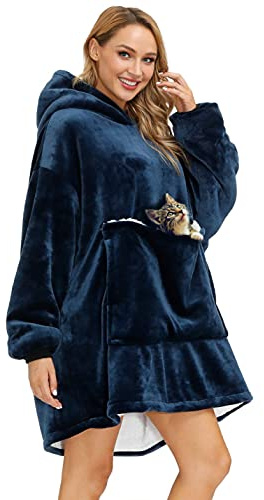 CheChury Sherpa Robe Couverture Chaud Sweat à Capuche Hiver Oversize Réversible Veste à Capuche Flannel Confortable avec Pets Poches Adulte Grande Hoodie Épaisse Polaire Unisex,Marine,One Size