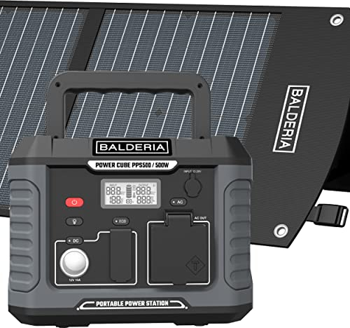 BALDERIA Power Set 500W | Solar-Generator, Kraftwerk | Tragbare Powerstation 400Wh mit Solarpanel 60W, Steckdose, 230V, USB | Strom für Outdoor, Camping, Arbeiten, Notfall, Balkon & Wohnmobil