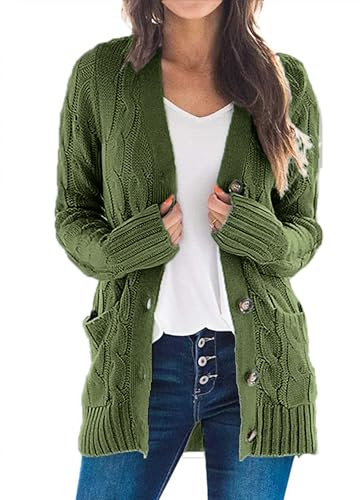 Uusollecy Cardigan Mujer Chaqueta Punto Mujer Grueso Monocolor para Otoño e Invierno Abrigo Informal con Botones Chaqueta de Punto Mujer,Verde,S