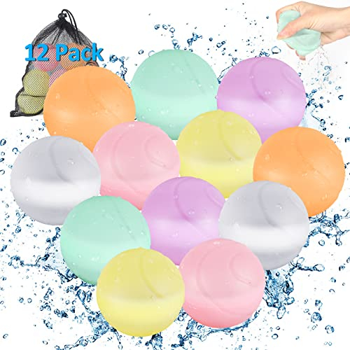12 Stück Wiederverwendbare Wasserballons, GuKKK Schnell Befüllbare Silikon Spritzbälle, Silikon-Bunt Gemischt Wasserball für mit Netzbeutel, Wasserspielzeug Familienspiel für Kinder Sommer Draussen