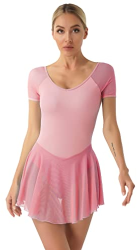 Agoky Damen Ballettkleid Kurzarm Ballett Trikot mit Rundhalsausschnitt Gymnastikanzug Sport Body mit Mesh Tutu Rock Slip Dancewear Rosa H M