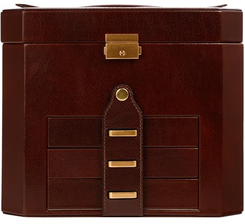 Time Resistance Portagioie Donna Pelle per Orologi, Orecchini, Collane e Anelli – Portagioie Vera Pelle con Specchio, Lucchetto e Cassetti – Elegante Porta Gioielli Donna da Camera (Marrone)