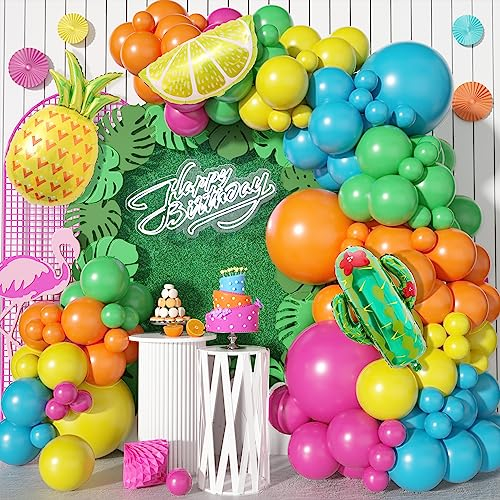 Jobkoo Tropical Balloon Garland Kit, Hawaiian Luau Summer Balloons Arch Teal Pink Orange Yellow Rainbow Balloons with Pineapple Cactus Lemon Balloon for Hawaii Aloha Beach Pool Party Decorations