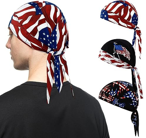 YOYOU 3 Pcs Doo Rags for Men Skull Cap American Flag Bandana Durags for Men Helmet Liner Sweat Wicking Dew Rags Breathable Cycling Motorcycle