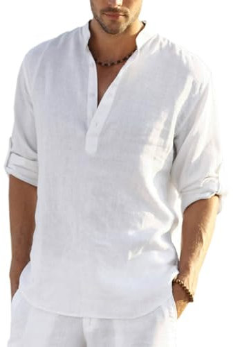 COOFANDY Men's Linen Henley Shirt Cotton Summer Long Sleeve Hippie Casual Beach T Shirts L A-White