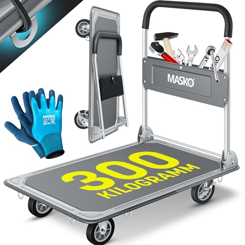 MASKO® Carrello pieghevole con guanti da lavoro, portata 300 kg, freno di stazionamento, con 6 occhielli di sicurezza, ruote girevoli a 360°, carrello pieghevole