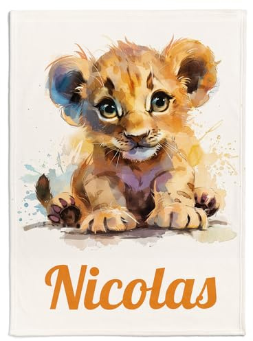 Couverture Bébé Personnalisée avec Prénom – Douce Couverture Enfant pour Sieste ou Maternelle | Cadeau Naissance Personnalisé Fille Garçon (Lion)