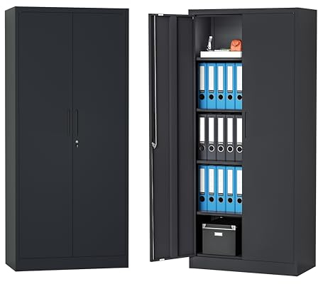 STEELSØN Regulus Metallschrank abschließbar – Garderobenschrank mit 6 Fächern und 1 Kleiderstange – Spind Schrank mit Doppeltüren – Mehrzweckschrank Schwarz – Kleiderschrank Metall 175x40x80 cm