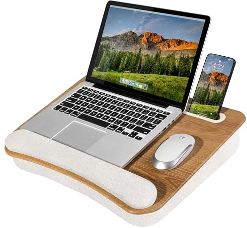 LAPGEAR Portable Laptop Lap Desk with Pillow Cushion, Anti-Slip Strip, Tablet or Phone Storage Slot, Pen and Pencil Pocket, and Wrist Rest - White Oak Woodgrain - Fits 15.6 Laptops - Style No. 91349
