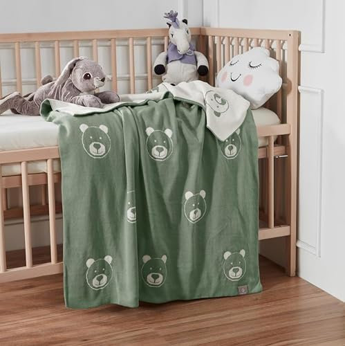 EVERSOFT FABRICS Premium Baby Blanket 350g- 100% Organic Turkish Cotton, Oeko-Tex 100 Certified, Lightweight & Soft, Ideal for Sensitive Skin, Perfect for Newborns & Toddlers (Bear Green&White)