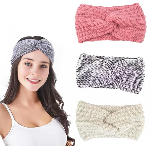 3 Stück Stirnband Kinder Mädchen, Chunky Knit Stirnbänder, Geflochtene Winter Stirnbänder für Frauen und Mädchen, Ohrwärmer, Häkel-Kopf Wraps, Warm und Stylisch