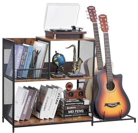 VEVOR Meuble Platine Vinyles à 3 Niveaux avec Support de Guitare, Support de Tourne-Disque Capacité jusqu'à 300 Albums, Armoire à Disques Vinyles en Métal, pour Salon, Chambre à Coucher, Noir