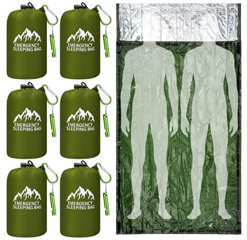 Oudain XL Notfall-Schlafsack, 240 x 125 cm, wasserdicht, Survival-Schlafsack mit Pfeife, Karabiner, tragbarer Thermo-Bivy-Sack, Notfalldecken für Camping, Wandern, Outdoor-Aktivitäten, 6 Stück