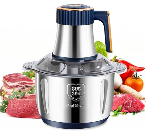 PZCC Hachoir à Viande Electrique 5L, Robot Culinaire Multifonction, Mixeur 500w, 5 Niveaux de Vitesse, 6 Lames en Acier Inoxydable, Convient pour Viande, Légumes, Oignon et Fruits (Bleu)
