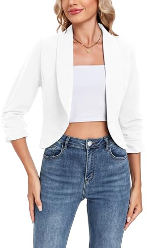 MINTLIMIT Women Blazers Ruched 3/4 Sleeve Open Front Cropped Blazer Notched Collar Casual Work Office Jackets