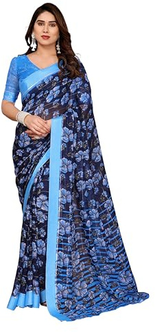 ETHNICMODE Indian Saree For Women Printed Georgette Light Weight Party Wear Navy Blue Sari With Unstitched Tuquiose Blouse Piece-1213