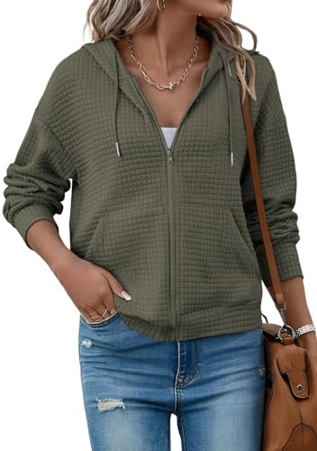 EIRUKON Sudadera Mujer Cremallera con Capucha Manga Larga Sudaderas Oversize Hoodie Gofre Chaqueta Sweatshirt para Otoño Primavera Casual Ropa Outerwear,Verde,M