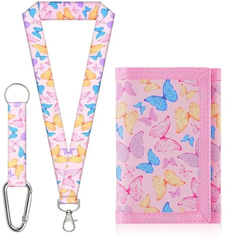 Aucuu Kids Wallet, Cartoon Waterproof Wallet, Trifold Wallets with Card Slots Lanyard, Travel Document Wallets for Teenagers Boys Girls for School, Travel, Birthday Gifts (Butterfly)