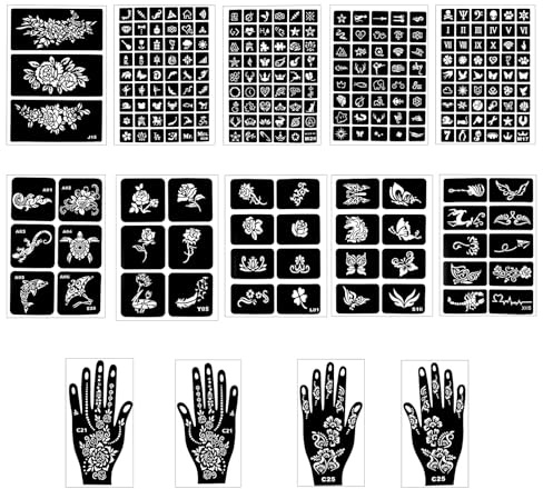 14 Fogli Stencil Tattoo, 247 PCS Stencil per Tatuaggi Temporanei Adulti e Bambini, Face Paint e Body Art, Kit DIY Tatuaggi all'Henné per Corpo, Mani, Braccia, Feste, Creatività (14)